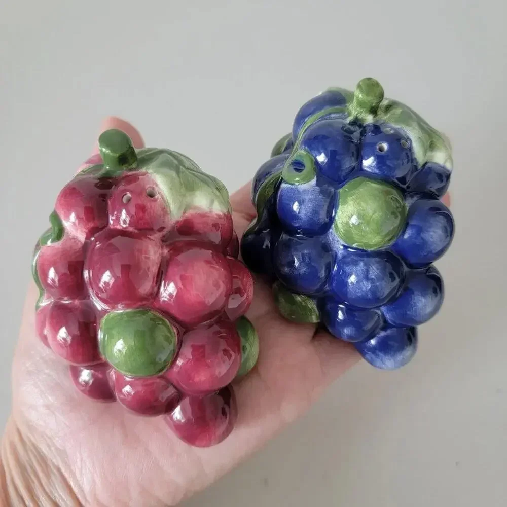 Vintage Grape Cluster Salt and Pepper Shakers Ceramic Purple Burgundy 1970s